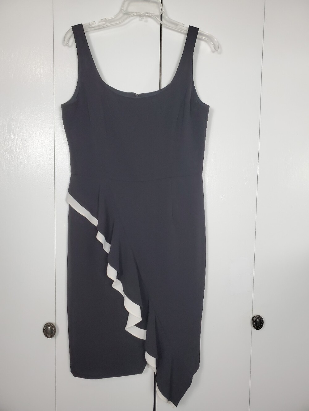 Maggy London Black Midi Dress with White Ruffle Trim Size 10